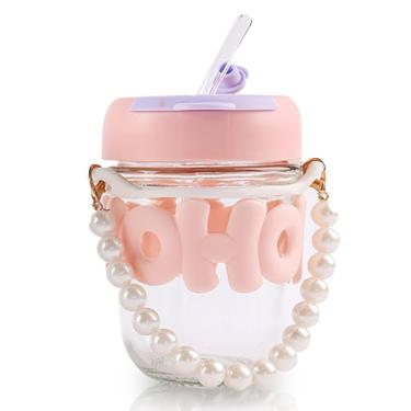 Imagem de Copo de vidro de 340 g com tampa e canudo, copo de vidro reutilizável para viagem com alça de pérola, xícara de café gelado para vitaminas, sucos e bebidas frias (rosa)