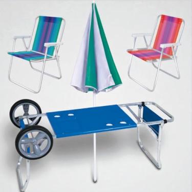 Imagem de Conjunto 2 Cadeiras de Praia Em Aluminio + Carrinho Azul para Transporte E Gaurda Sol Aticulado em Aço - Kit Perfeito para Viagens E Lazer