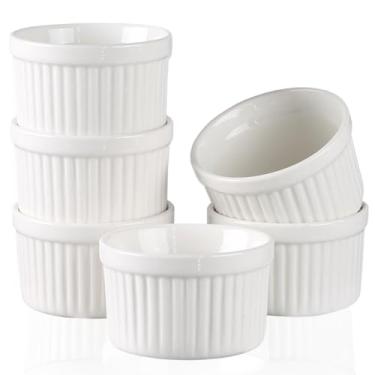 Imagem de YAZYLIFE Ramekins 118 g, ramequins creme brulee e pratos de suflê, tigelas seguras para forno de porcelana, copos de pudim, tigela de mergulho, conjunto de 6, branco