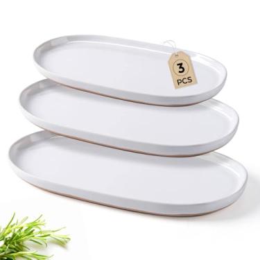 Imagem de AmorArc Travessa grande de cerâmica para servir, pratos ovais de 39,4 cm/35,5 cm/31 cm, seguros para micro-ondas, bandejas de servir para casamento, prato de servir de grés para entretenimento e festa