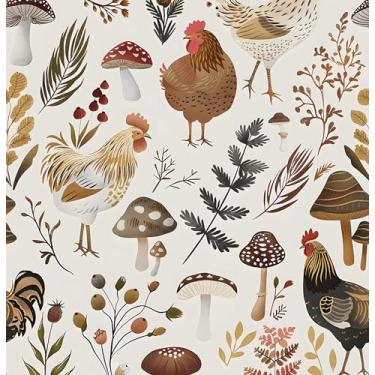 Imagem de Papel de parede bege Rooster Farm Peel and Stick Cogumelo 44,5 cm x 998,2 cm Mural moderno vinil impermeável autoadesivo removível para quarto de crianças, cozinha, banheiro, prateleiras, armário