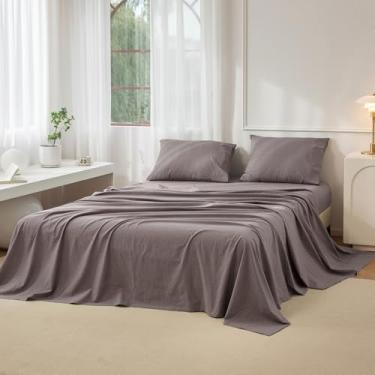 Imagem de JIYUAN Jogo de cama solteiro 100% algodão lavado, 1 lençol com elástico, 1 lençol de cima e 1 fronha, confortável e respirável, marrom malva mesclado