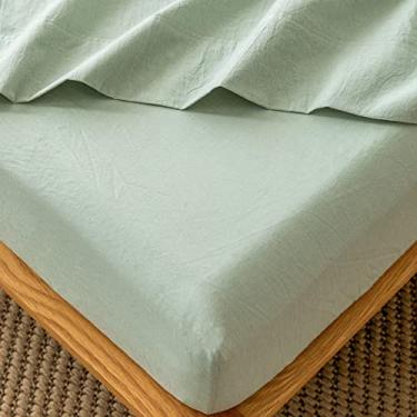 Imagem de MooMee Lençol de baixo com elástico 100% algodão lavado como linho texturizado respirável durável macio confortável bolso profundo cabe em colchões de até 43 cm (verde sálvia, casal)