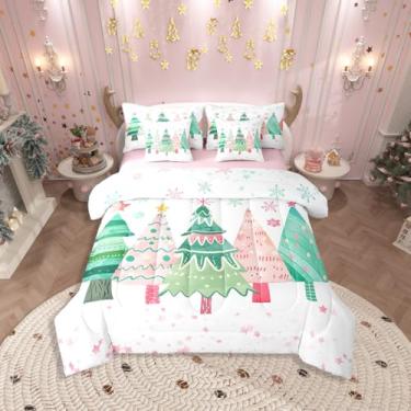 Imagem de Erosebridal Conjunto de edredom de árvore de Natal em aquarela com lençol solteiro, rosa, decoração de Natal, 7 peças, para quarto de crianças, meninos, adolescentes, mulheres, conjunto de cama de