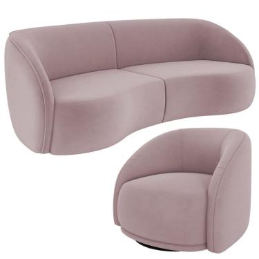 Imagem de Kit Sofá 4 Lugares Eron 240cm Com Poltrona Giratória Angelina M03 Veludo Rosê - Lyam Decor