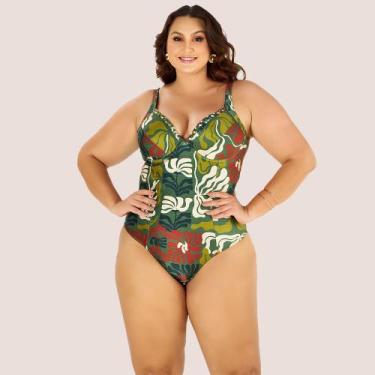 Imagem de Maiô Banho de Mar Estampado com Bojo Zero Barriga Plus Size, Verde, 44