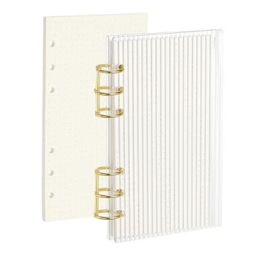Imagem de PATIKIL Capa para fichário de 6 anéis, fichário de acrílico com tiras A6, 2 anéis redondos de metal dourado com 90 folhas, papéis internos de pontos para planejamento de viagem e escritório
