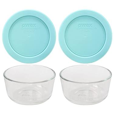 Imagem de Pyrex (2) Tigelas de vidro 7202 e (2) tampas verdes jade poeira Pyrex 7202-PC
