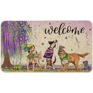 Imagem de Baccessor Tapete Carnaval de boas-vindas para Mardi Gras Fleur de Lis, capacho engraçado Golden Retriever, tapete de borracha antiderrapante, entrada de carnaval, decoração de cozinha 43 x 73 cm