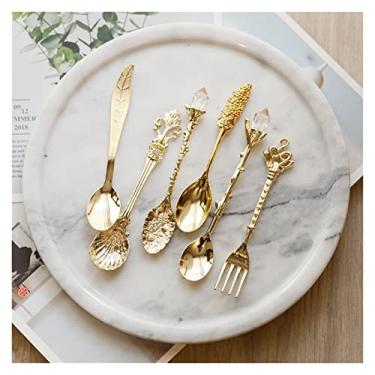 Imagem de hezhuhe2258 Conjunto de colheres de sopa, colheres, garfos, concha, garfo, café, lanches, frutas, sobremesa, garfo, colher de chá, colheres de mesa para cozinha doméstica, dourada