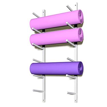 Imagem de Prateleira de armazenamento de tapete de ioga de metal para montagem na parede, suporte para tapetes de exercícios suspensos para ginásio/sala de treino/casa, fácil de instalar (cor: