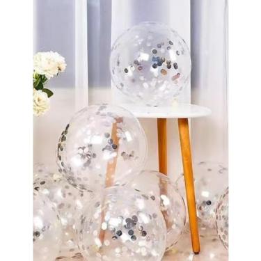 Imagem de Kit De 5 Ou De 10 Balão Cristal Transparente N9 Com Confete 10 mm Colorido, Festas e Decoração.(C/10 Prata)