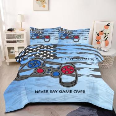 Imagem de CCoutueChen Jogo de cama king size, edredom azul de videogame para decoração de quarto adulto masculino, 3 peças, 2 fronhas/104 x 90