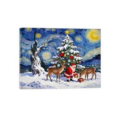 Imagem de Pinturas em tela Natal-Quadros decoração parede-Cervo pinheiro estrelados-Impressões paisagens para sala de estar 60x80cm Tela Embrulhada