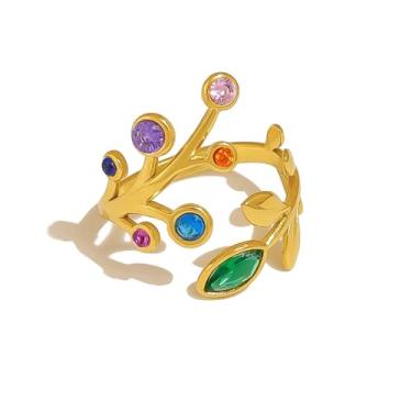 Imagem de LadayPoa Anéis ajustáveis de zircônia cúbica banhada a ouro 18 K, anéis de folha de flor aberta para mulheres, joias de aço inoxidável grosso, joia de pedra preciosa de cristal, moda redimensionável