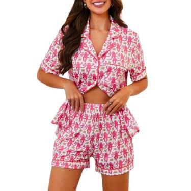 Imagem de Conjunto de pijama Ammiko Monkey Beach de manga curta rosa para mulher