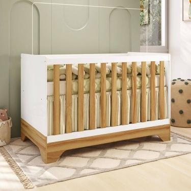 Imagem de Berço Americano 3 em 1 Popy Retrô 100% Mdf Branco Brilho/Amêndoa - Móveis Peroba