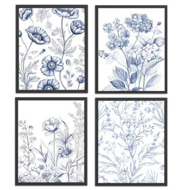 Imagem de 4 peças de pôster de arte de parede chinoiserie azul e branco, impressões de flores de arte de parede chinoiserie, pôsteres florais azuis, impressões florais em aquarela, pintura de imagens para
