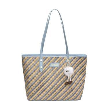 Imagem de CORIOS Bolsa feminina de couro PU, bolsa de ombro listrada com lindo pingente de pompom branco pasta de grande capacidade, Azul, L