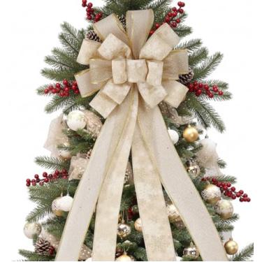 Imagem de Topper de árvore de Natal, arco grande, champanhe, enfeite de árvore, flor dourada, para decoração de Natal, casa, casamento, festa de aniversário, Ação de Graças, decoração interna/externa, 132 x 30
