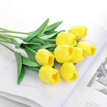Imagem de Kit 10 Tulipas Artificiais de Látex PU – Buquê de Toque Real 34cm com 5 Flores por Haste para Decoração de Casamento, Casa e Eventos (Cores Diversas)(Amarelo (10 peças))