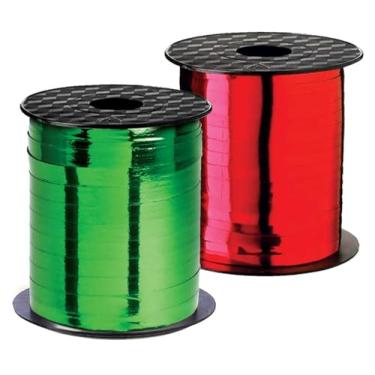 Imagem de Fitas de Natal cacheadas com fita ondulada, conjunto de fitas finas metálicas vermelhas e verdes para embrulho de presente, decoração de festas de fim de ano, presente