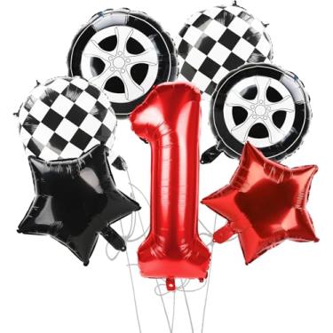 Imagem de Balões de carro de corrida decorações de festa de aniversário de carro de corrida número 1 balão, 7 peças de rodas pretas e brancas balões vermelhos carros decorações de aniversário 101 balão número 1