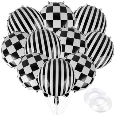 Imagem de Aunifun 10 peças de balões pretos e brancos listrados balões quadriculados para carro de corrida Halloween festa de aniversário decoração suprimentos 45,7 cm
