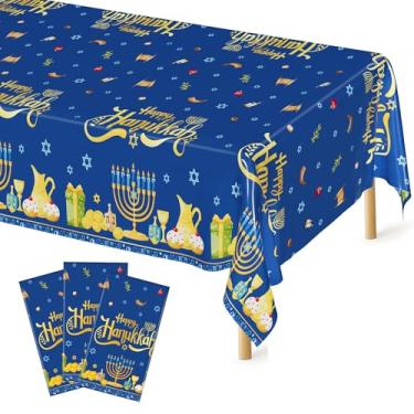 Imagem de 3 peças de decorações de Hanukkah, toalha de mesa de chanukkah de ouro azul de 274 cm x 137 cm, toalha de mesa descartável de plástico Happy Chanukkah com design de velas de luzes retangulares para
