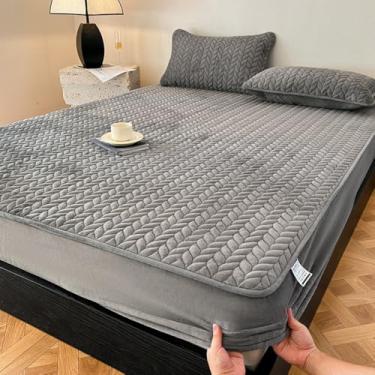 Imagem de Lençol de elástico macio e quente, protetor de colchão com bolso profundo espesso, elástico antiderrapante, aconchegante para todas as estações, roupa de cama de luxo para casal queen size, cinza, 150