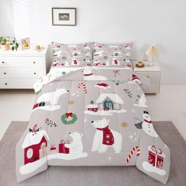 Imagem de Erosebridal Conjunto de edredom com estampa de urso e boneco de neve com 1 fronha, desenho animado, animal e ano novo, tamanho solteiro para crianças, meninos e adolescentes