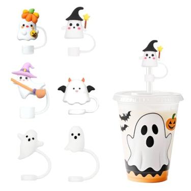 Imagem de 6 peças capa de palha fantasma de Halloween bonito branco fantasma topo de palha 10 mm acessórios canudos de silicone 30 & 1,134 g tampas de ponta para decoração de copos de água de Halloween