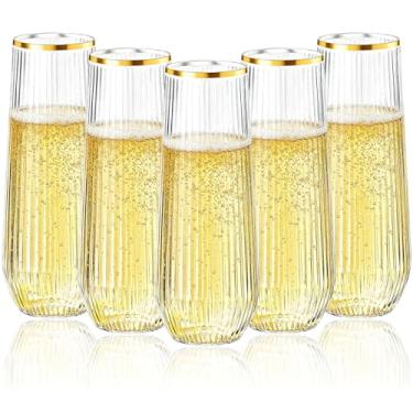 Imagem de Goodluck Pacote com 48 taças de champanhe de plástico transparente sem haste com borda dourada, copos de brinde sem haste canelados, taças de champanhe de plástico para casamentos, bares, eventos