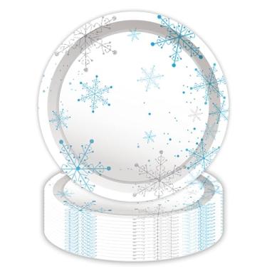 Imagem de Jajajuegos 24 peças de pratos de papel temáticos de Natal de 23 cm, flocos de neve, celebração, festa, talheres de mesa, flocos de neve, conjunto de pratos de papel descartáveis, azul, tema de Natal