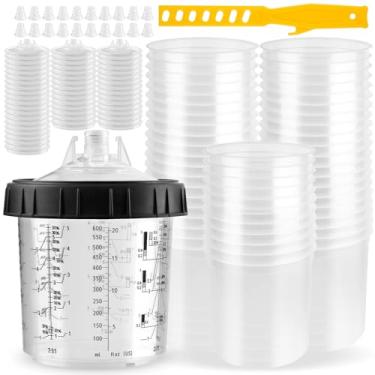 Imagem de Forros e sistema de tampa descartáveis para pistolas de pulverização de tinta, kit de 200 ml com 45 forros, 45 tampas com filtro de 125 mícrons, 20 plugues e 1 copo rígido com anel de retenção para