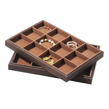 Imagem de KunGe 2 peças/conjunto de bandeja organizadora de joias de madeira maciça, organizador de gaveta empilhável para contas, anéis, brincos, exibição de armazenamento (12 grades + 12 grades)