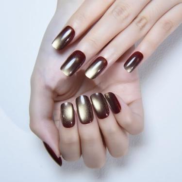 Imagem de Cáqui refletivo olho de gato imprensa nas unhas quadradas médias, cola de geleia quadrada média nas unhas cromadas para mulheres, cáqui holográfico glitter, brilhante, reutilizável, cola de geleia