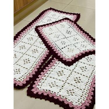 Imagem de passadeira Tapete com padrão tecido Jogo Tapete Passadeira 03 Peças para Cozinha，Estilo natural Antiderrapante e durável(ROSE-RAF)