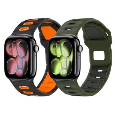 Imagem de MoKo Pacote com 2 pulseiras de relógio compatíveis com Apple Watch Ultra 3/2/1 de 49 mm, S11/S10 46 mm, 9/8/7 de 45 mm, SE3/SE2/SE/6/5/4 de 44 mm, 3/2/1 de 42 mm, preto laranja/verde militar claro e