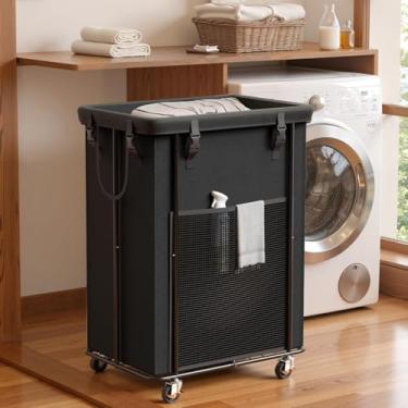 Imagem de Cesto de roupa suja de 200L com rodas, cesto de roupa suja com rodinhas com moldura de metal e bolsa removível, cestos grandes e altos para quarto estético, lavanderia, banheiro, dormitório-preto