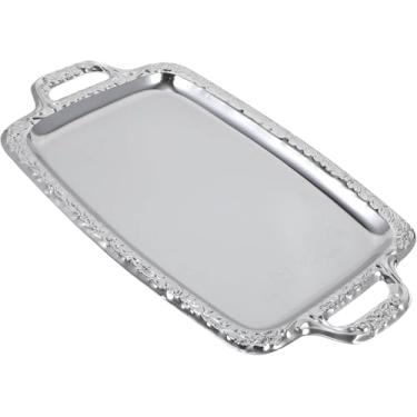 Imagem de Bandeja retangular de prata, bandeja de metal vintage para decantador de uísque, castiçais, perfume de vaidade e pão de lanche, prato de servir frutas para café da manhã