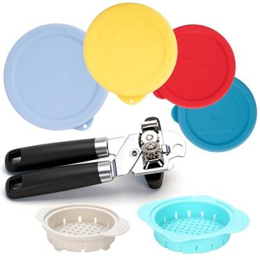 Imagem de LUVCOSY Pacote valioso de 7 peças essenciais para conservas — 1 pacote de abridor de latas magnético e 2 pacotes de coadores de latas e 4 pacotes de tampas de lata de silicone, adequado para latas de