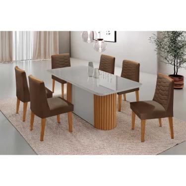 Imagem de Sala Jantar Mesa Pilar Curvo 180cm + 6 Cadeiras Maldivas Madeira Naturale/Off White - Capuccino/Suede Marrom - Rufato