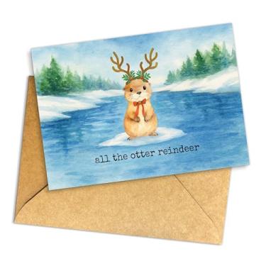 Imagem de Podagree Cartão de trocadilho de rena de lontra, saudação de feriado de animal engraçado para amigos, cartão de Natal de cena de inverno em aquarela com adorável lontra e envelope kraft individual 14