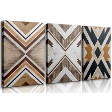 Imagem de BRPXJRA 3 peças de arte de parede em tela de madeira asteca grande painel de madeira abstrata geométrico pôsteres imagens moderna boho linha neutra decoração de parede pinturas de grão de madeira