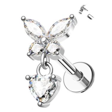 Imagem de Jewseen Piercing de hélice com pingente de 16 g, joia interna com rosca plana, tragus, concha, hélice, aço inoxidável, 316L, piercing de cartilagem, joias, borboleta, labret