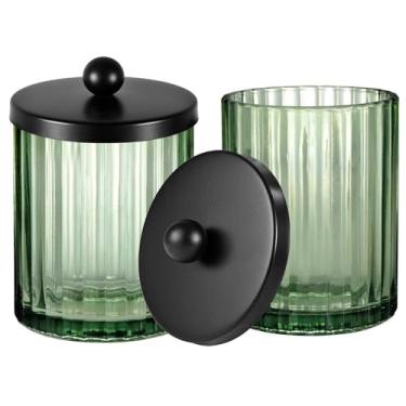 Imagem de Amolliar Frasco de boticário de vidro verde sálvia, dispensador de suporte Qtip para cotonetes, bolas, almofadas de maquiagem, palhetas de fio dental, acessórios essenciais de banheiro, organizador de