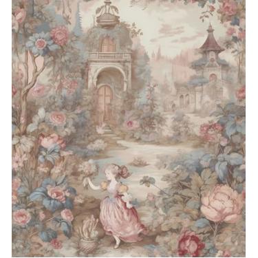 Imagem de Livelynine Papel de parede castelo de 17,5 x 276 castelo descascar e colar murais de parede paisagem blush rosa azul casa de campo núcleo menina papel de parede para quarto locatário amigável vintage