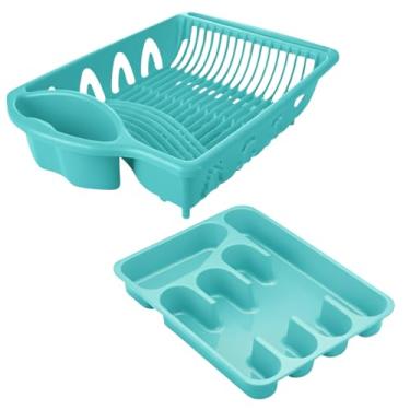 Imagem de Kit Pia Escorredor De Louças + Organizador Porta Talheres (Azul Turquesa)