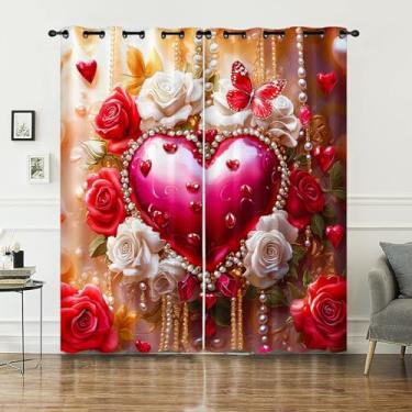 Imagem de AILONEN Cortina de janela com tema de corações de rosa vermelha, amante de borboletas de flores românticas 132 cm L x 213 cm A tratamento de cortinas de janela (2 painéis) para decoração de quarto